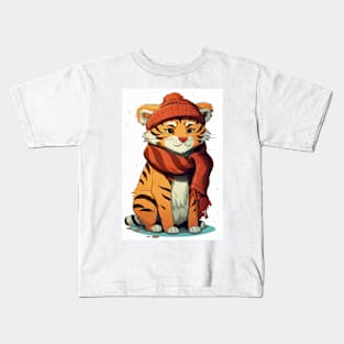 Cute Tiger Wearing A Hat And Scarf Kids T-Shirt